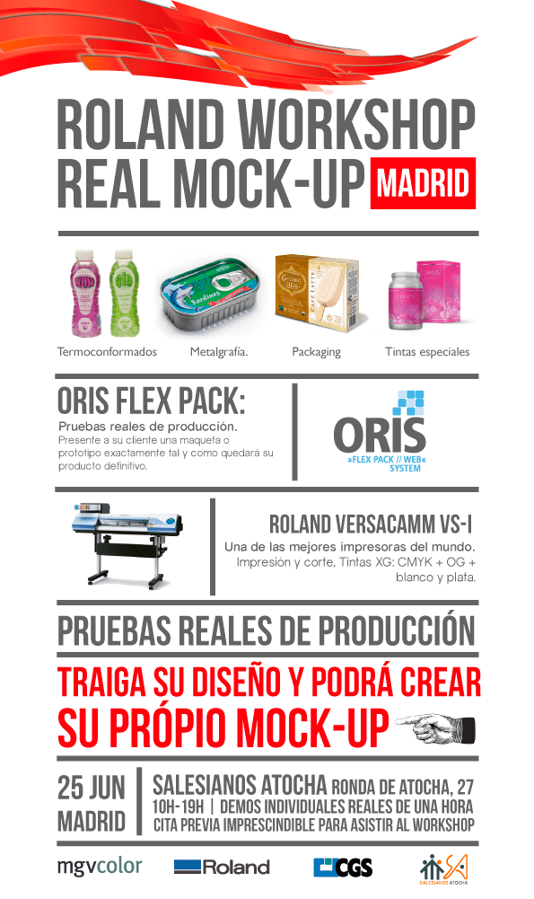 Evento Roland WorkShop Real Mock-Up, Salesianos Atocha, Madrid, Oris flex pack, roland Versacamm, cgs, mgvcolor