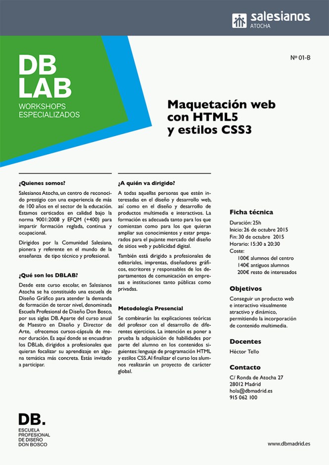 DB_LAB, workshops especialidos en diseño, maquetación web, html5, estilos ccs3, dirección de arte, artes gráficas, DB_MAESTRO, departamento de artes gráficas, salesianos atocha, madrid 